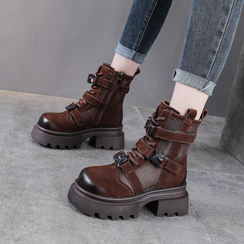 夏季新款镂空透气马丁靴女增高厚底网纱凉靴休闲复古擦色真皮短靴