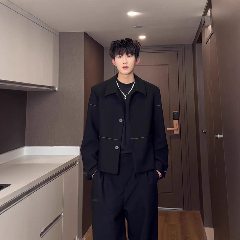 Black Casual Blazer Men's Spring and Autumn High-End American Style Shoulder Pad Jacket Lapel Old Money Style Suit Top