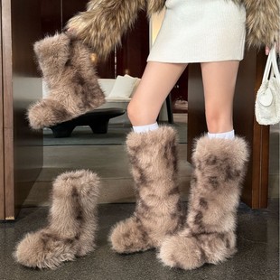 fleece-lined Snow Boots Maomao Flat Bottom Inner Height Warm Fashion Eskimo Round Head Hot Hot Hot Hot Hot Fashion for Autumn and Winter