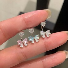 超闪蝴蝶结锆石马蹄环粉色蓝色拧螺丝甜美精致钛钢耳钉女耳饰