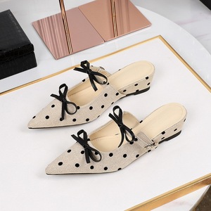 599-18 Korean version with pointed toe wedge heel shoes, polka dot butterfly bow half drag women's shoes, hollowed 