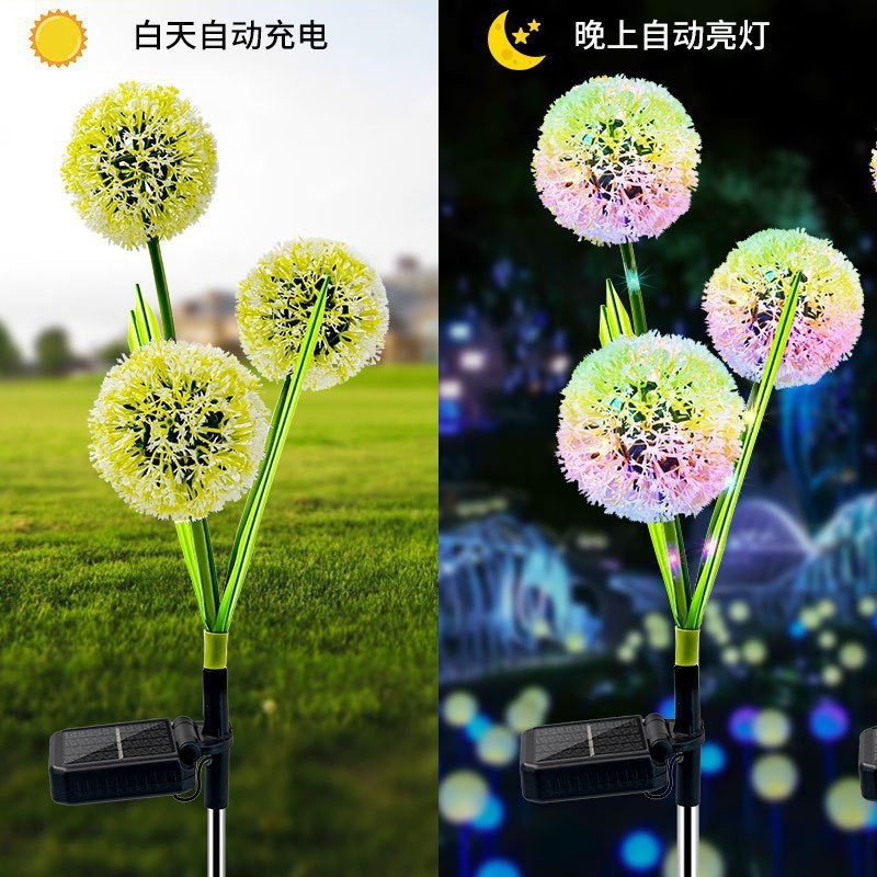 跨境太阳能蒲公英葱头花户外防水4LED发光仿真花玫瑰花装饰草坪灯