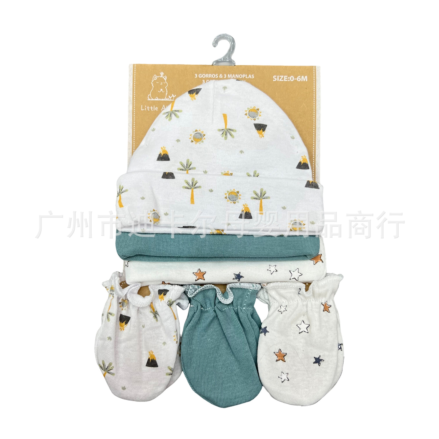 Sombreros de bebé de comercio exterior, guantes, impresión de algodón, juego de seis piezas, suministros para bebés al por mayor image 4