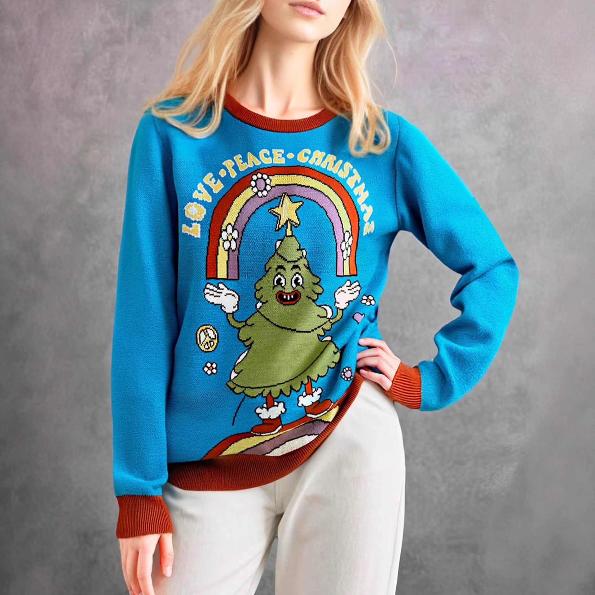 Christmas Ugly Sweater autumn and winter new cartoon Christmas tree loose casual sweater round neck long-sleeved sweater