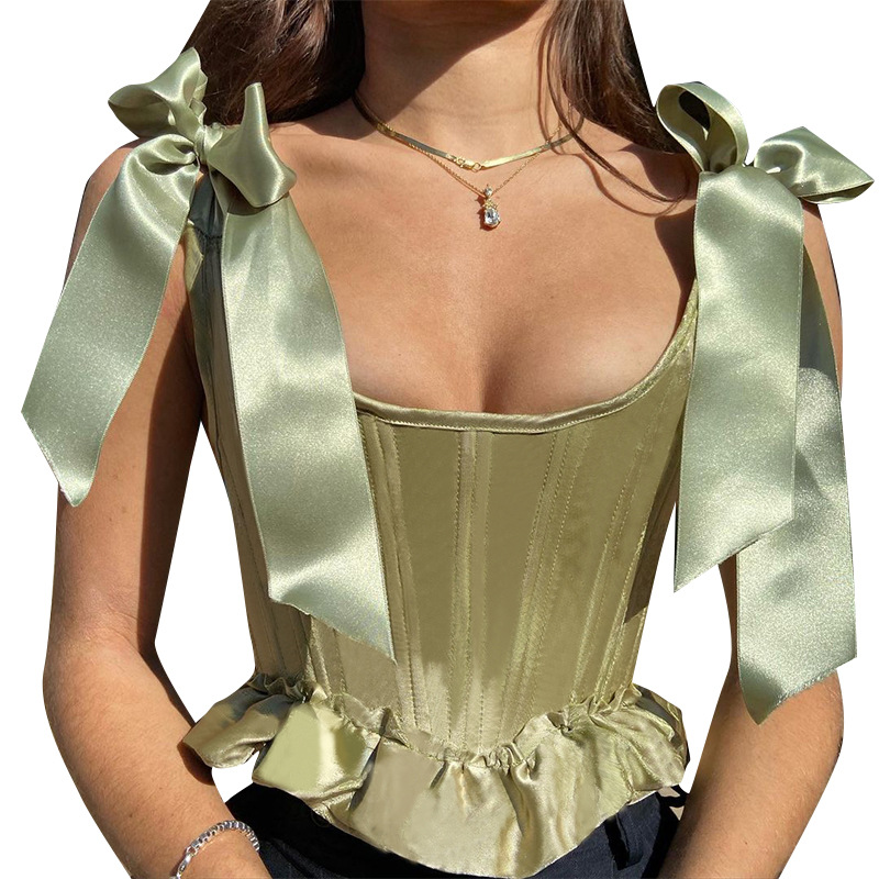 Solid Color Bow Shoulder Fishbone Waist Strap Satin Fungus Blouse NSSWF69539