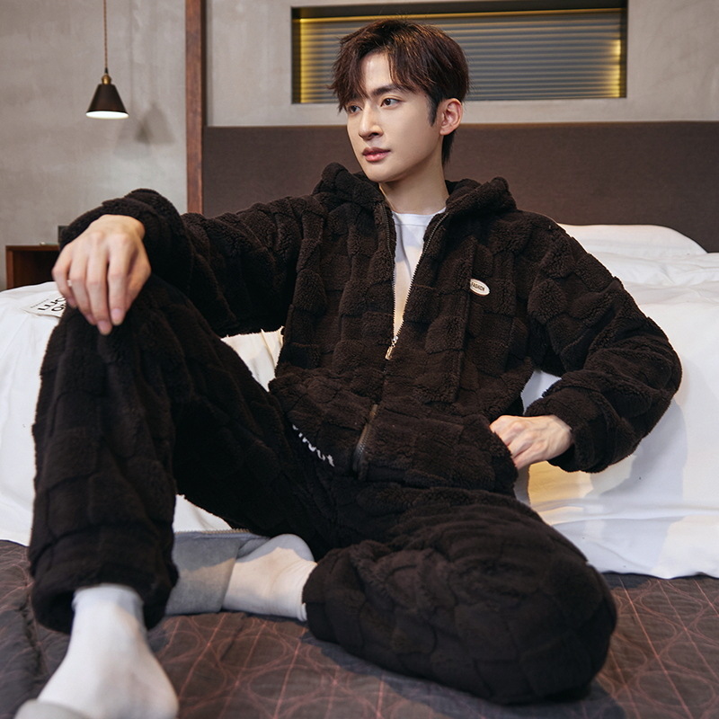 Pijamas Otoño e Invierno de los hombres de lana de coral forrado de lana gruesa caliente con capucha franela suelta más tamaño homewear traje