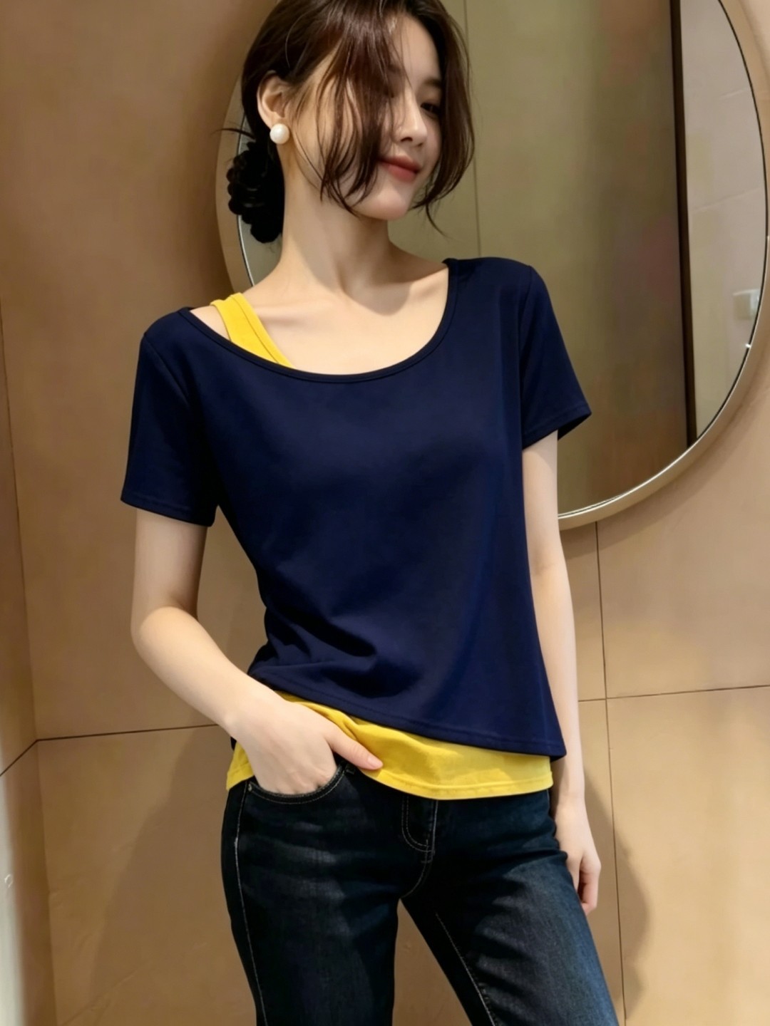 Áo thun nữ tay ngắn cổ tròn phối hai lớp lệch vai, xếp ly eo ôm — Đen đánh vần trắng