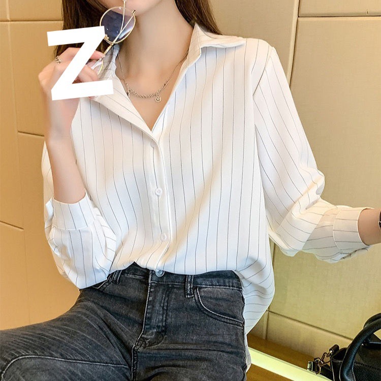 女士条纹衬衫女春秋装新款长分袖polo领洋气上衣时尚职业气质衬衣|undefined