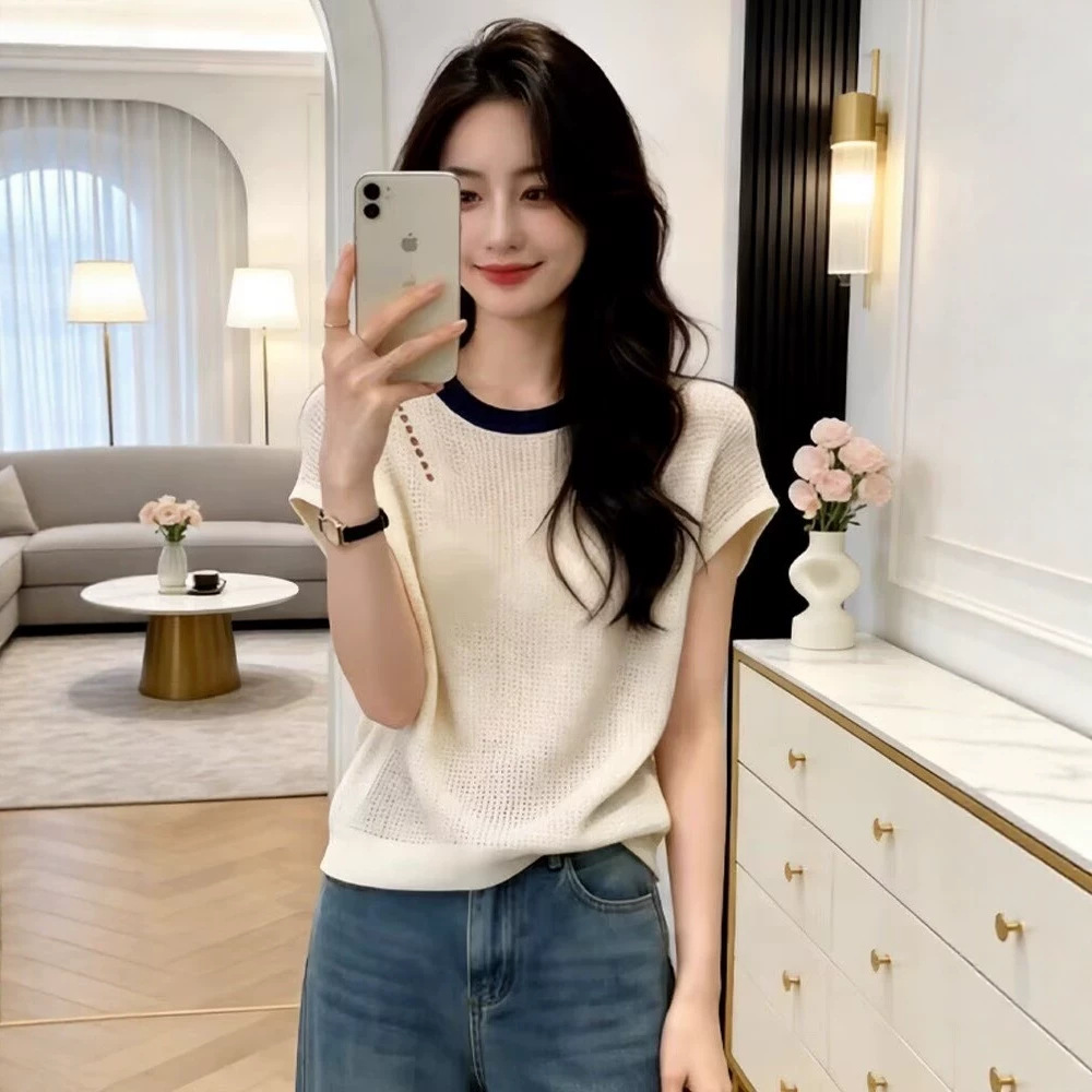 Áo thun ngắn tay nữ dệt kim lỗ rỗng chất liệu tơ băng mát lạnh — trắng chi tiết 3