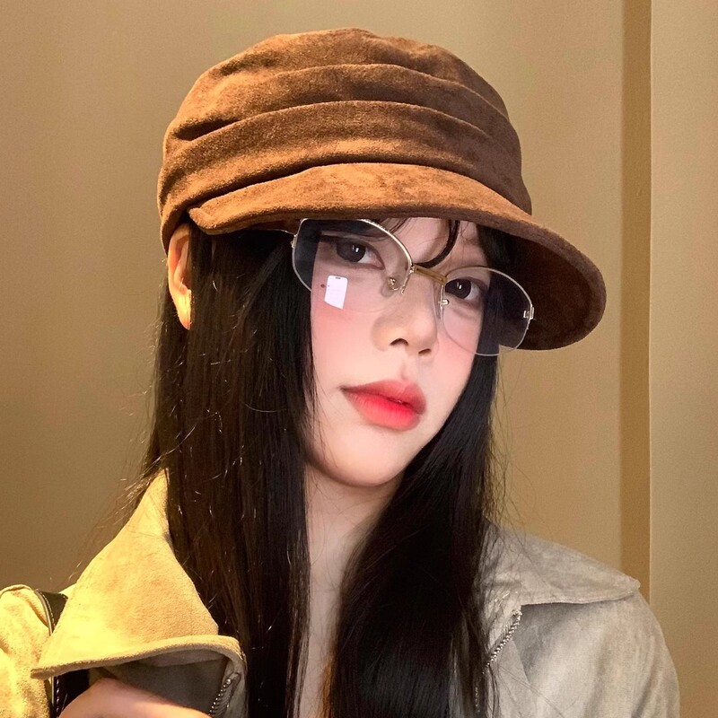 日系麂皮绒平顶贝雷帽女秋冬季新款复古显脸小鸭舌帽百搭八角帽子|undefined