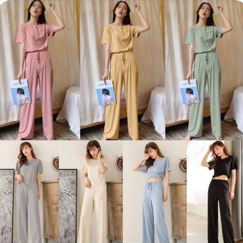 Soft and Stylish Women's Ice Silk Pajamas 2026 Summer Fashion Short-Sleeve Two-Piece Set with Wide-Leg Pants for Home Loungewear