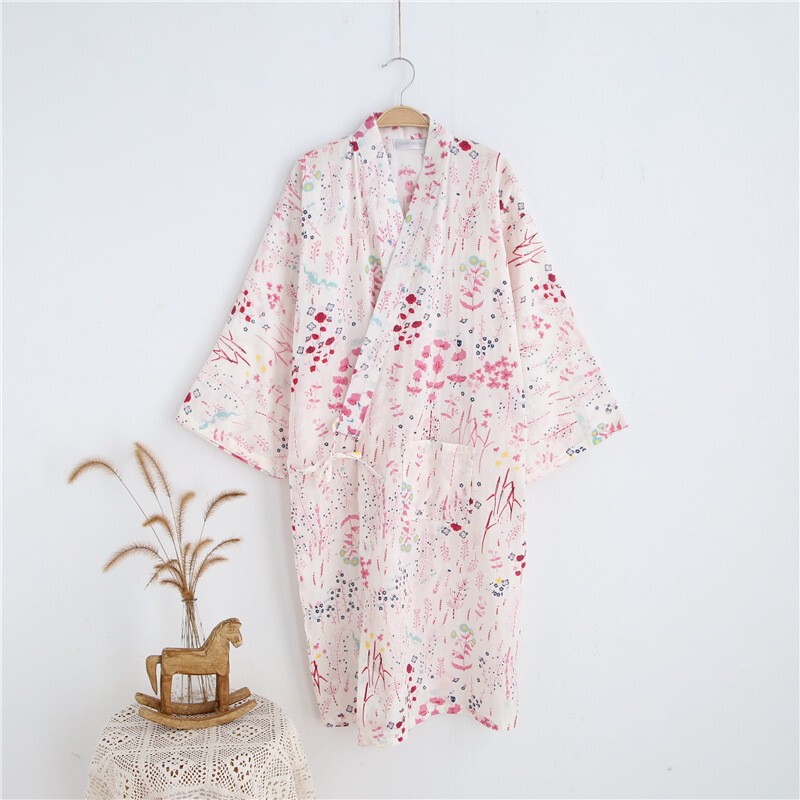 Cotton Double-Layer Gauze Nightgown for Women, Thin Multi-Flower Japanese Style Lace-Up Kimono Bathrobe for All Seasons, Hotel Hot Spring Robe