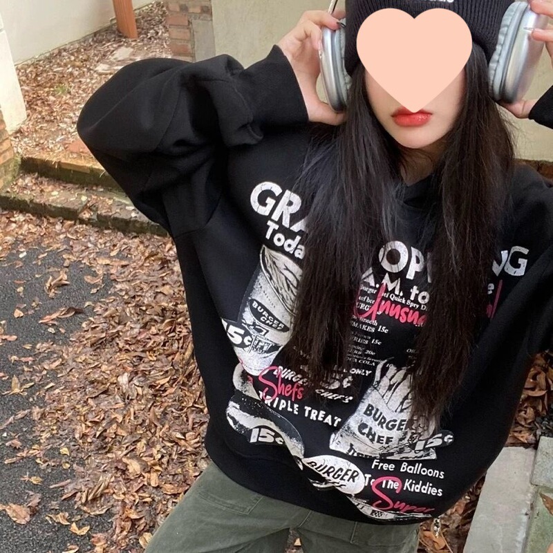 美式复古汉堡薯条印花连帽卫衣女秋冬新款重磅银狐绒外套|undefined