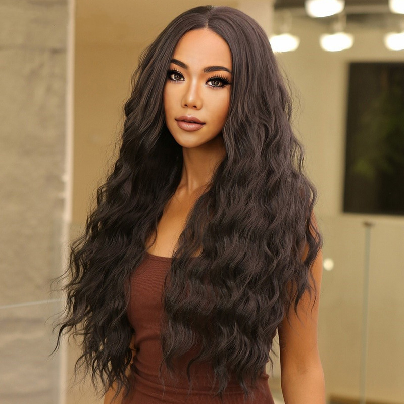 Women's Black Long Curly Synthetic Wig Full Head Center Part Small Curly Hair in Stock_voghion.com