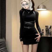 跨境外贸欧美黑色性感修身包臀短裙辣妹连衣裙女装春秋季长袖打底