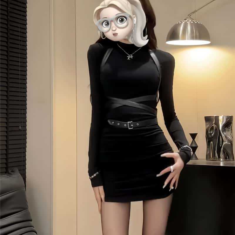 跨境外贸欧美黑色性感修身包臀短裙辣妹连衣裙女装春秋季长袖打底