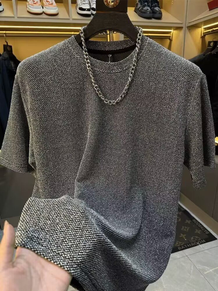 T-shirt texturé uni pour homme, manches courtes, coupe ample, épais, style américain tendance_voghion.com