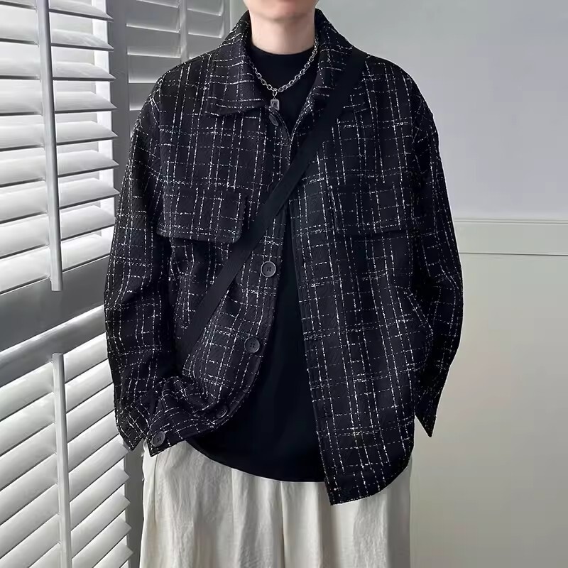 Spring and Autumn Xiaoxiangfeng Jacket Men's Early Spring High-End Boys' Spring Plaid Casual Jacket Black Shirt Men's Style