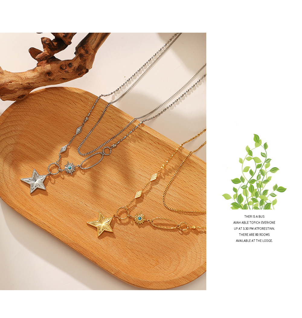 Fashion Pentagram Stainless Steel Gold Plated Turquoise Layered Necklaces