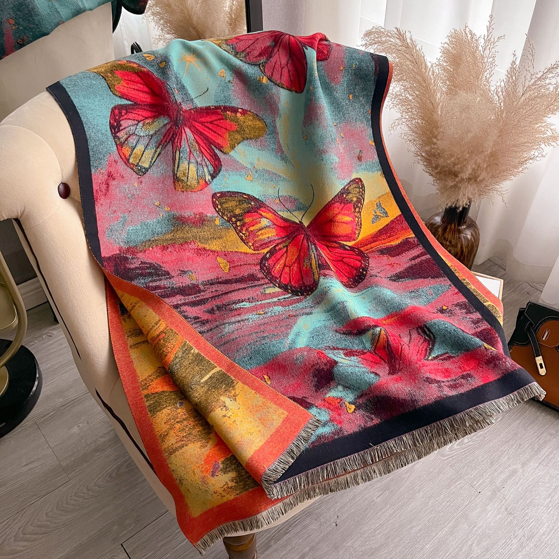 Retro pintura al óleo en color serie de combinación de imitación de cachemira gruesa mantel caliente otoño invierno nuevo estilo de literatura bufandas versátiles mujeres