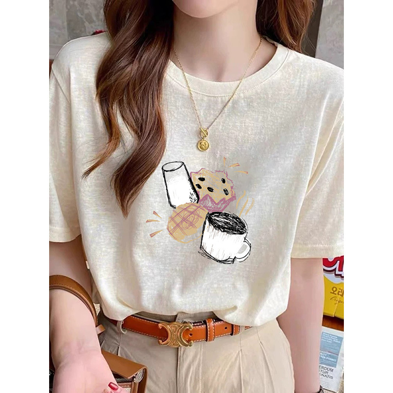 Korean Style Fashionable Printed Snowflake Cotton Round Neck Loose Versatile Short-Sleeved T-Shirt for Women 2026 Summer Thin Inner Top