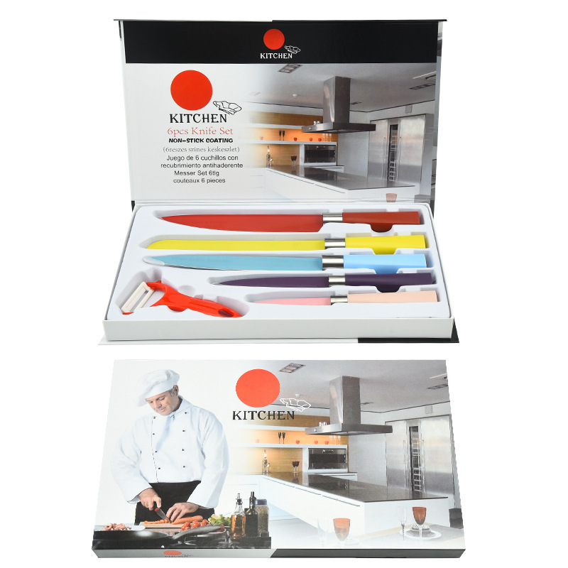 Nuevo cuatro-esquina mango de seis piezas cuchillo conjunto traje Arco Iris color cuchillo de cocina de acero inoxidable cuchillo regalo caja de color al por mayor
