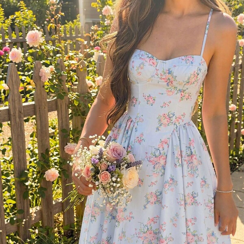 French-style floral print camisole dress, waist-cinching strapless large-hemmed holiday midi-length fairy dress, cross-border wholesale French-style floral print camisole dress, waist-cinching strapless large-hemmed holiday midi-length fairy dress, cross-border wholesale