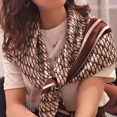 絲巾女時尚印花D披肩90cm大方巾仿真絲百搭領巾歐美裝飾薄圍巾