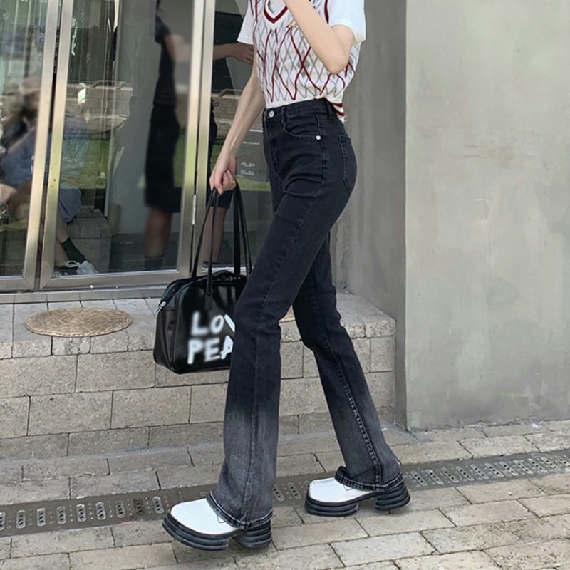한국식 스트레이트 레그 청바지 여자 가을 새 높은 허리 플러스 사이즈 그라디언트 슬리밍 마이크로 플레어 올 매치 2024 걸레 바지