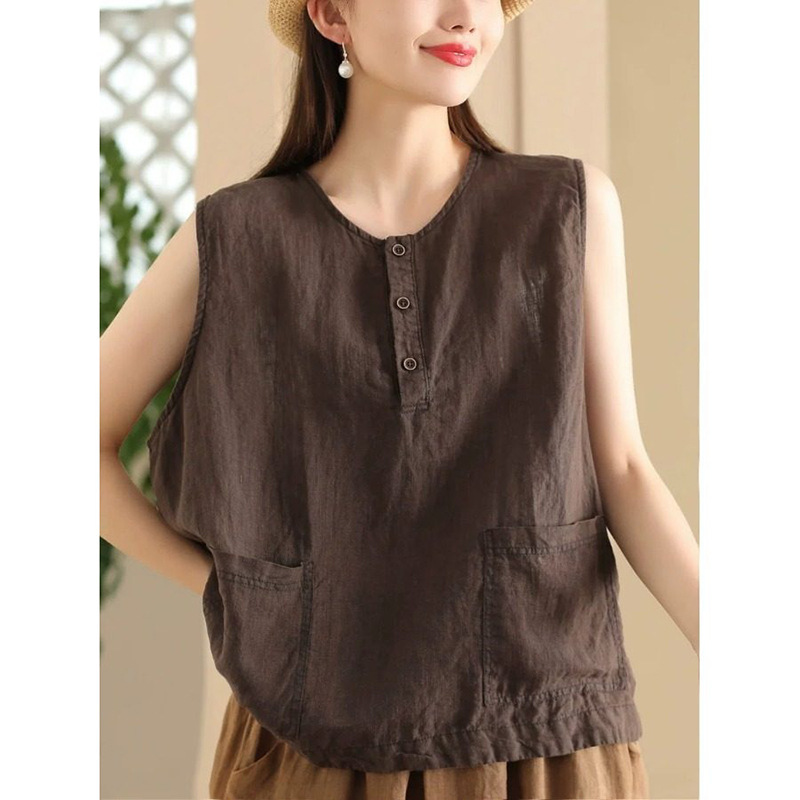 Summer New Versatile Cotton Vintage Loose Pocket Design Women's Cotton-Linen Sleeveless Tank Top Summer New Versatile Cotton Vintage Loose Pocket Design Women's Cotton-Linen Sleeveless Tank Top
