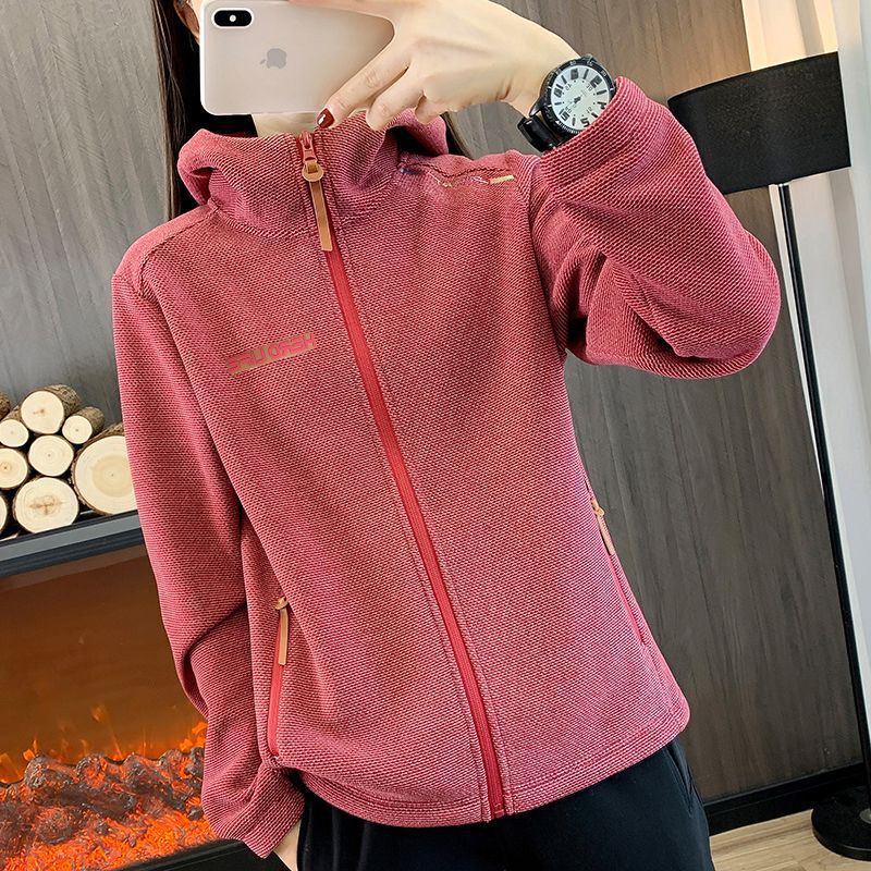 Hooded Fleece Jacket for Women, Autumn and Winter Thickened and Fleece-Lined Warm Outerwear, Outdoor Sports Clothing, Hiking Cardigan Sweatshirt