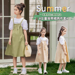 Children's Set 2024 Summer Korean Style Casual College Student Short Sleeve Top T-shirt Overalls Two Piece Set