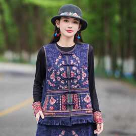 重工刺绣棉麻马甲女2026新款民族风女装圆领盘扣毛边坎肩无袖上衣