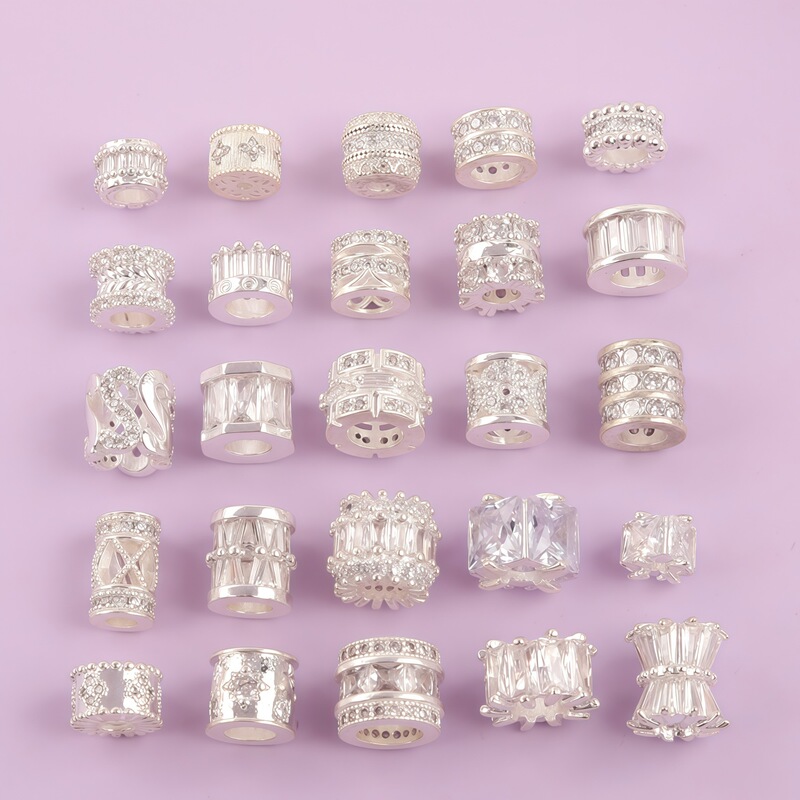 Thick Silver-Plated Copper Color-Preserving Micro-Inlaid Zircon Barrel Beads Large Hole Drill Ring Full Zircon Spacer Beads DIY Handmade Beading Accessories