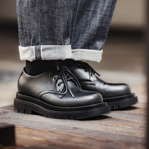 Mardenby Shoes Men's Low-Top Martens Boots Thick Sole Black Work Shoes British Couple Casual VIBE Leather Shoes
