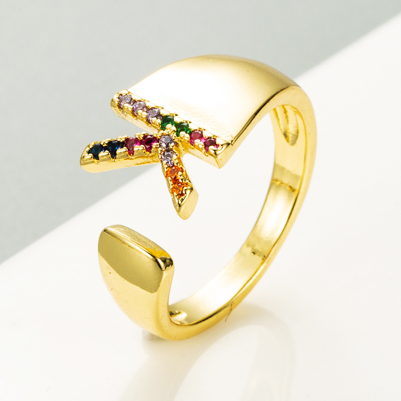 European And American Ring 26 English Letter Copper Gold-plated Inlaid Zircon Ring Opening Adjustable display picture 9