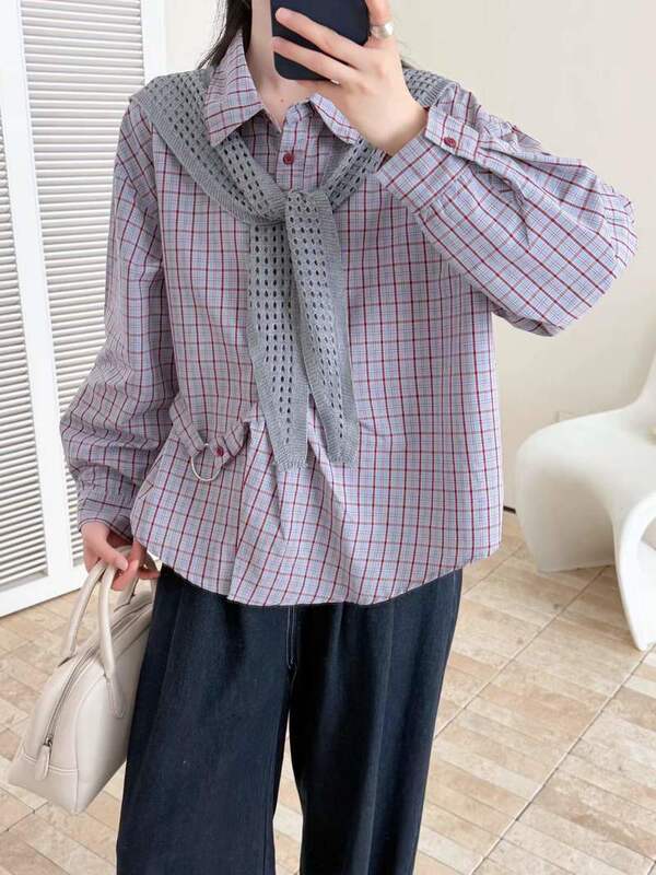 2026 Autumn New Style Plaid Tie Loose Women's Cardigan Long Sleeve Shirt Wholesale 2026 Autumn New Style Plaid Tie Loose Women's Cardigan Long Sleeve Shirt Wholesale