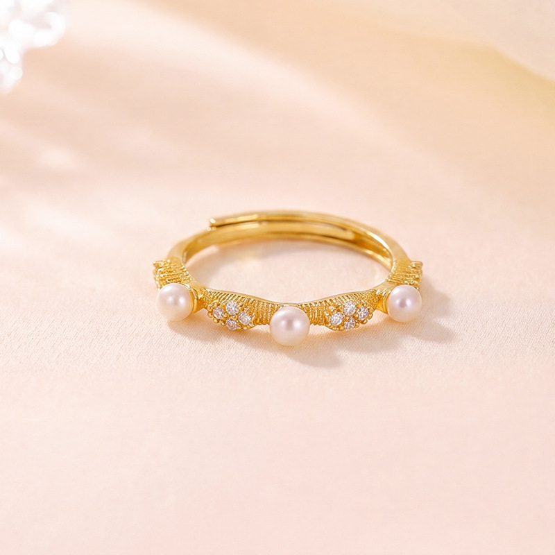 Nhẫn bạc S925 đính ngọc trai nước ngọt tự nhiên, kiểu dáng mở điều chỉnh được — Bạc