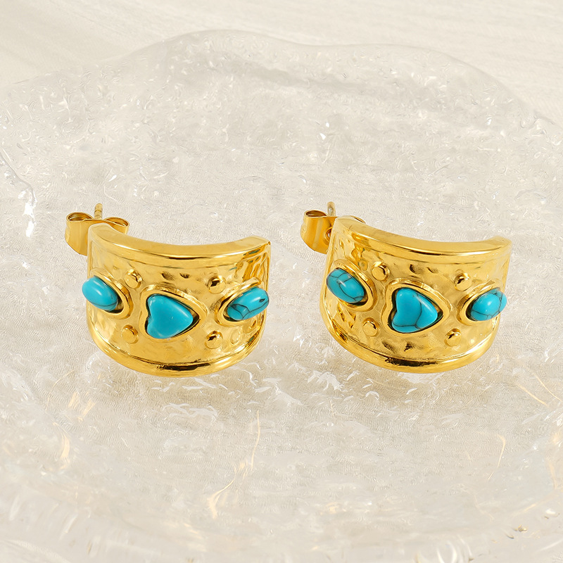 Pendientes de acero de titanio turquesa azul viento de alta gama INS de moda de nicho europeo y americano chapados en oro de 18 quilates retro de acero inoxidable