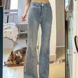 设计感重工铆钉微喇牛仔裤女2025春季新款褶皱高腰显瘦弹力喇叭裤