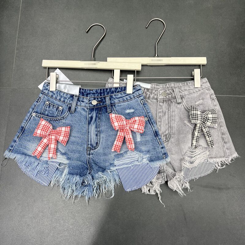 Sweet and Cool Girl Style Plaid Bowknot Frayed Denim Shorts for Women, Distressed Striped Lining, Slimming Hot Pants Sweet and Cool Girl Style Plaid Bowknot Frayed Denim Shorts for Women, Distressed Striped Lining, Slimming Hot Pants