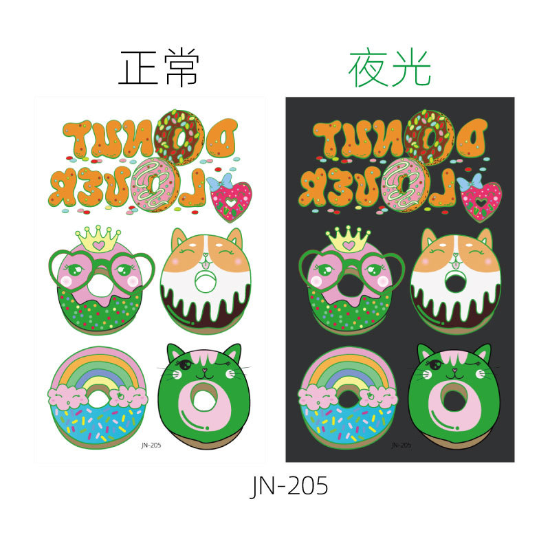 Respetuoso del medio ambiente impermeable de larga duración luminoso lindo donut niños tatuaje pegatinas luminoso postre fantasía tatuaje pegatinas