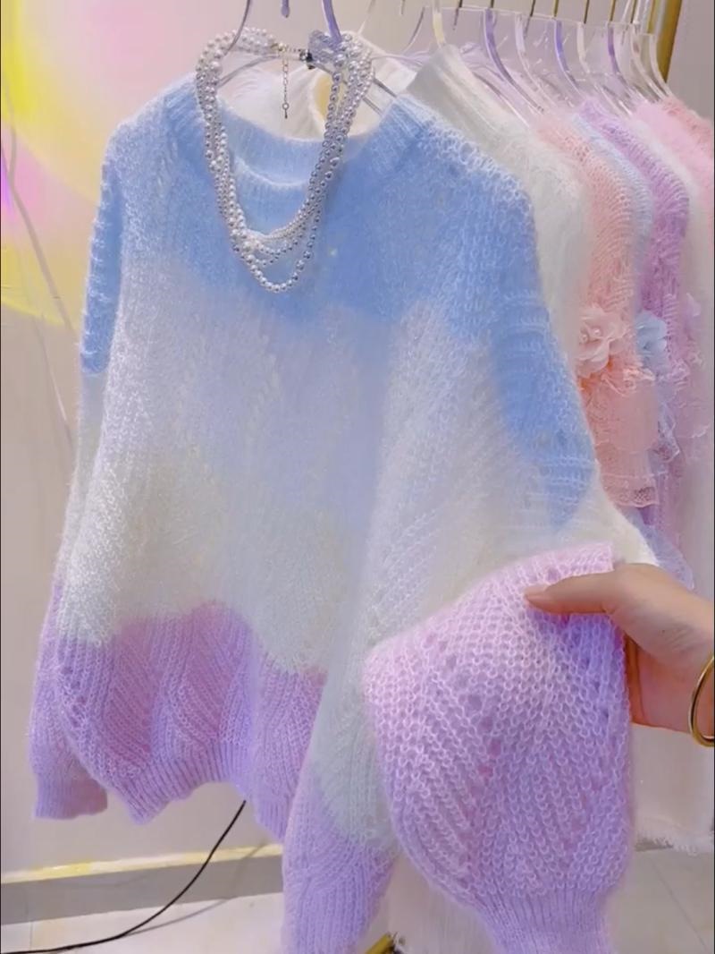 Lazy Style Colorfulful Cut Out Knitted Top for Women Spring & Fall New Style Gentle and Sweet Color Matching Round Neck Long-Sleeved Pullover Sweater