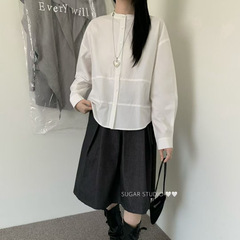 设计感拼接纯棉白色上衣女2025秋季简韩宽松休闲叠穿长袖衬衫W33