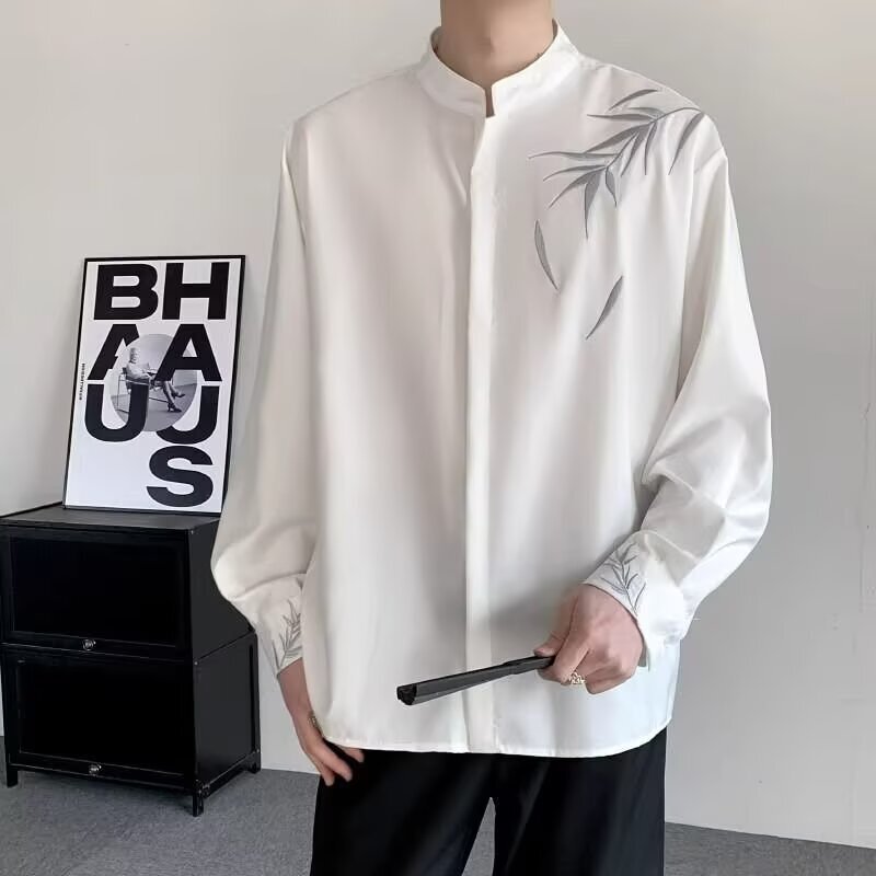 Light Luxury New Chinese Style Bamboo Leaf Embroidery Long-Sleeved Shirt for Men, Fashionable Trendy Stand-Up Collar Shirt, Casual Versatile Top for Men