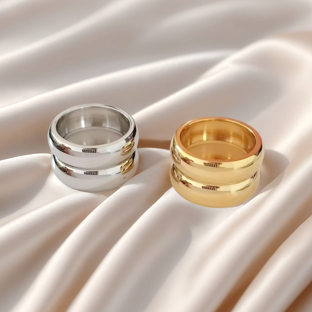 Cross-Border European and American Popular Double-Layer Simple Plain Hoop Gourd Arc Couple Ring Fashion Titanium Steel Ring for Women Wholesale