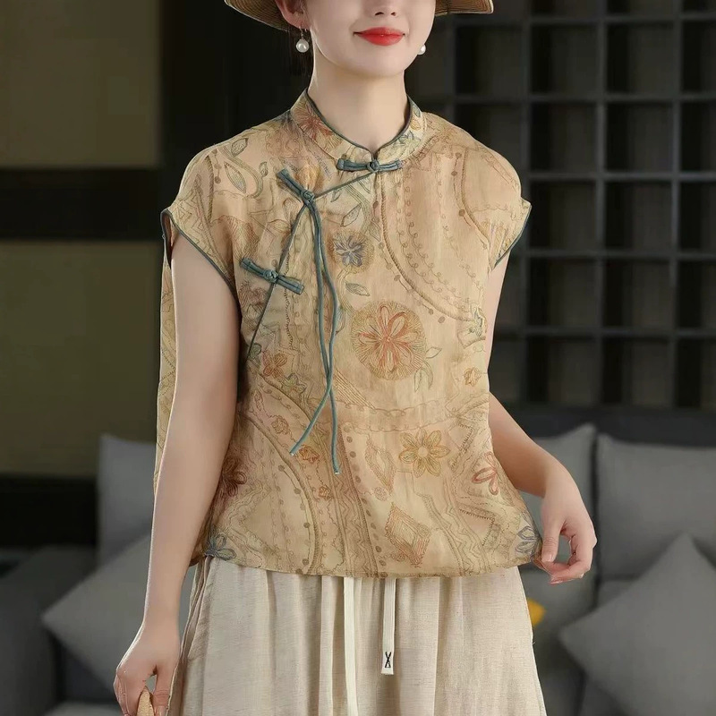 Vintage Ethnic Style Printed 100% Ramie Shirt for Women, Artistic New Chinese Style, Diagonal Collar, Buttoned Top, Summer