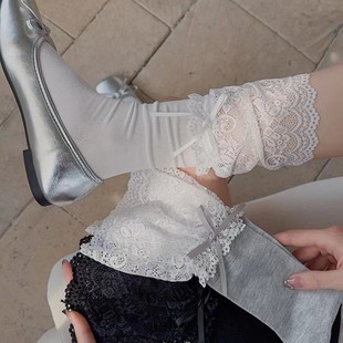 Korean Style Socks Summer Thin Splicing Lace Bow Versatile Ins Style Mid-Calf Women's Socks Ballet Style Socks
