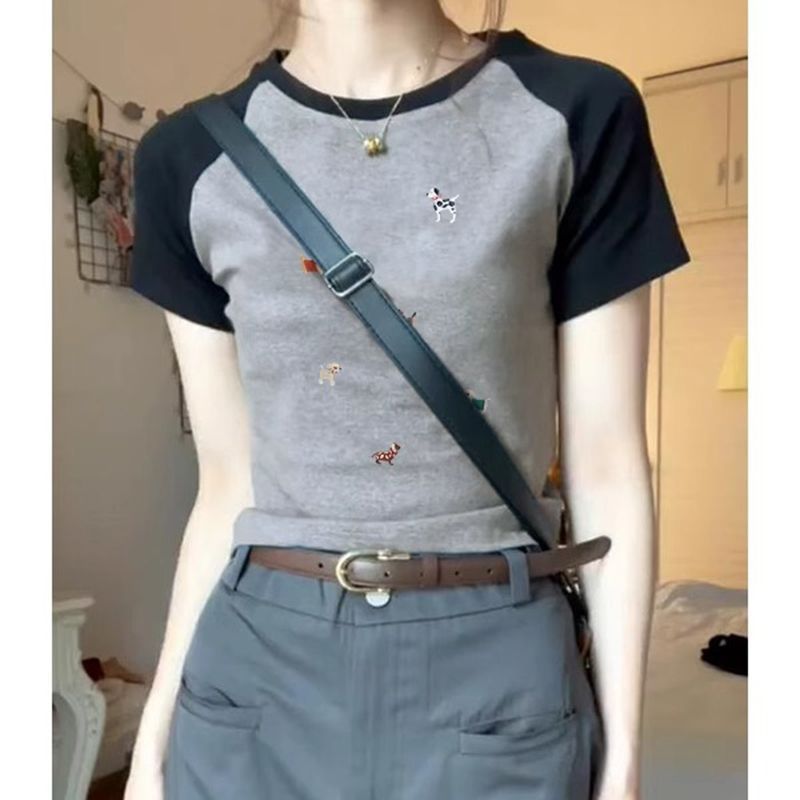 2025新款美式复古插肩短袖T恤女夏季设计感独特别致正肩短款上衣|undefined