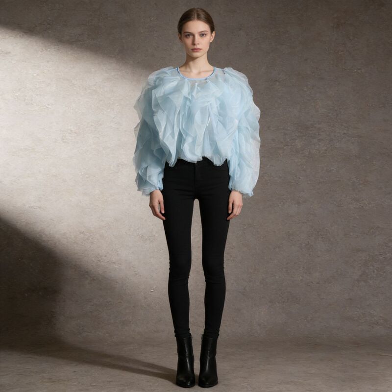 Korean Style Solid Color Ruffled Patchwork Top 2026 Summer New Round Neck Pullover Long-Sleeve Loose Slimming Shirt Korean Style Solid Color Ruffled Patchwork Top 2026 Summer New Round Neck Pullover Long-Sleeve Loose Slimming Shirt